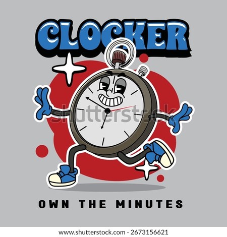 Cute stopwatch character walking with a happy face illustration