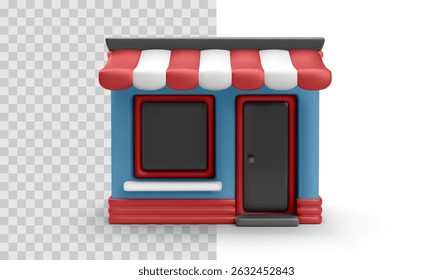 Ícone Bonito Da Vitrine Com Toldo Vermelho E Branco, Parede Azul E Porta Preta, Ideal Para Varejo, Compras E Temas De Negócios. Estilo 3D, Perfeito Para UI E Design Na Web. Ilustração de vetor.