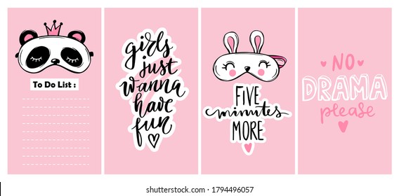 Cute stories template for social media, networks. Cute posters collection with Sleep masks and girls quotes. Pajama party concept. Eyemasks and hand drawn lettering design.