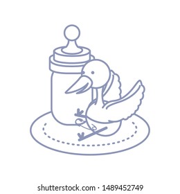 cute stork animal with diaper and bottle milk baby