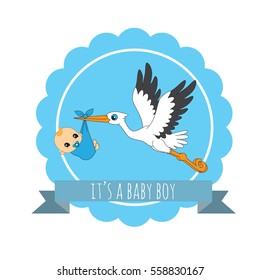 Cute stork and baby boy announcement card vector illustration