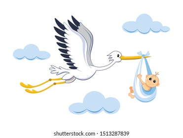 Cute stork with baby boy cartoon - Vector