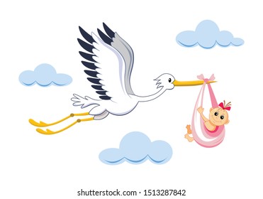 Cute stork with baby girl cartoon - Vector