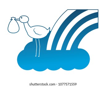 cute stork with bag in beak and cloud rainbow