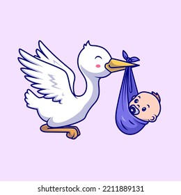 Cute Stork Bird Bring Baby Cartoon Vector Icon Illustration. Animal People Icon Concept Isolated Premium Vector. Flat Cartoon Style