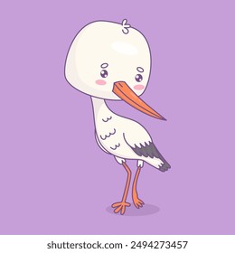 Cute Stork bird. Vector illustration. Funny cartoon kawaii animal character. Kids collection