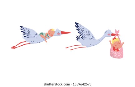 Cute Stork Carries Newborn Kids In Bags Vector Illustration Set Isolated On White Background