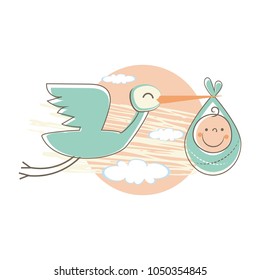Cute stork carrying baby cartoon character vector illustration. Can be used for baby shower celebration invitation and greeting card.