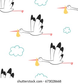 cute stork, carrying baby - seamless vector pattern