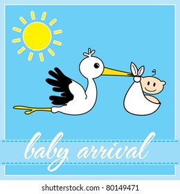 Cute stork carrying a happy baby in a white cloth, template frame design, vector illustration