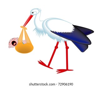 Cute stork delivering a crying newborn baby, isolated on a white background.
