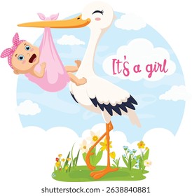 Cute stork delivering new born baby girl cartoon characters