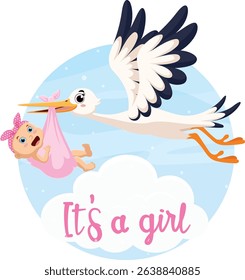 Cute stork delivering new born baby girl cartoon characters
