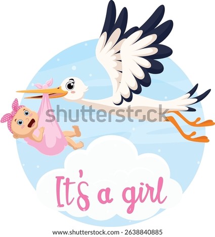 Cute stork delivering new born baby girl cartoon characters