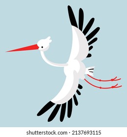 A cute stork flies in a big way on a blue background.