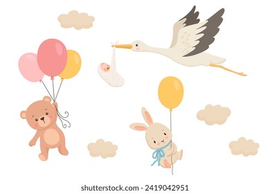 Cute stork flies and carries newborn baby in clouds. Cute rabbit and bear flying with balloon. Vector cartoon illustrations set isolated on white.