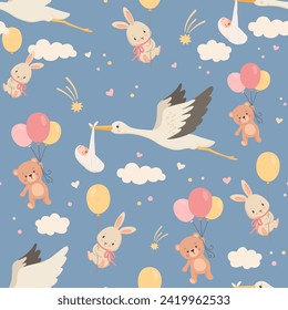 Cute stork flies and carries newborn baby in clouds. Cute bunny and bear flying with balloon. Vector cartoon seamless pattern on blue for fabric, nursery wallpaper