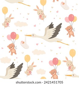 Cute stork flies and carries newborn baby in clouds. Cute bunny and bear flying with balloon. Vector cartoon seamless pattern on white for fabric, nursery wallpaper