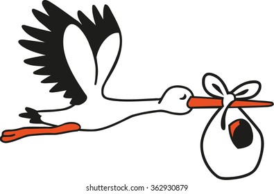 Cute stork flying with a baby bag