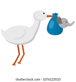 cute stork flying with elephant baby