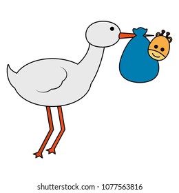 cute stork flying with giraffe baby