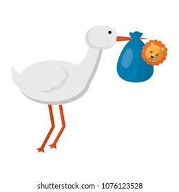 cute stork flying with lion baby