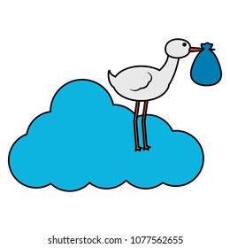 cute stork flying with sack in cloud