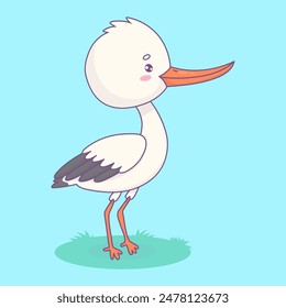 Cute Stork. Funny cartoon kawaii bird character. Vector illustration. Kids collection