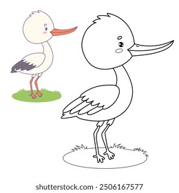 Cute Stork. Isolated funny cartoon kawaii bird character. Line and color drawing, coloring book Vector illustration. Kids collection