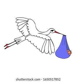 Cute stork, line art, with a baby in its beak. Flat cartoon vector colorful illustration.