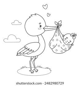 Cute stork with newborn baby girl. Vector illustration. Outline cartoon kawaii bird character. Line drawing, coloring book. Vector illustration. Kids collection