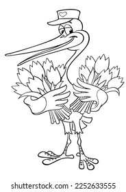 A cute stork in a postman's cap gives bouquets of scarlet tulips. Vector outline image of a cartoon character, isolated on white. Cartoon stork-postman with bouquets of tulips.