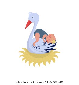 Cute stork sleeping with little baby in nest. White bird and newborn child. Flat vector element for greeting card or poster