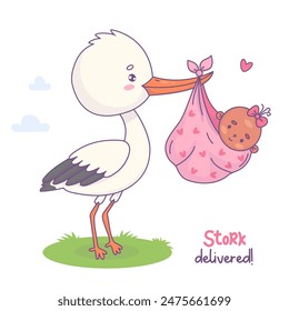 Cute stork standing in grass with black ethnic newborn baby girl. Vector illustration. Funny Cartoon bird kawaii and infant. Cool childish card birthday. Kids collection