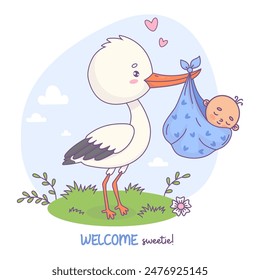 Cute stork standing in grass with gift newborn baby boy. Vector illustration. Funny Cartoon bird kawaii and infant. Cool childish postcard birthday. Kids collection