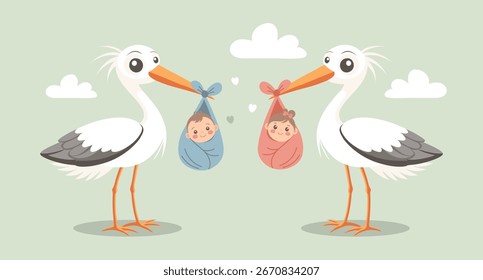 Cute storks with newborn babies in their beaks. Illustration, postcard announcement.