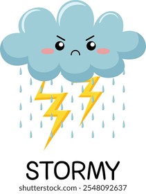 Cute stormy weather learning. Learning weather, forecast vocabulary for children with angry stormy
Emotions. Cartoon vector illustration.