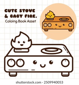 Cute Stove and Baby Fire Illustration for Children Coloring Book Asset.