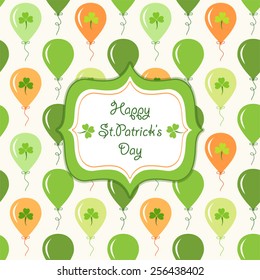 Cute St.Patrick's Day card as retro frame on party balloons background in traditional colors