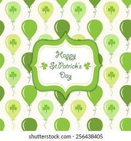 Cute St.Patrick's Day card as retro frame on party balloons background in traditional colors