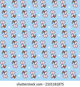 Cute Strange Cat Seamless Pattern, Orange Kitten on Blue Background. Hand Drawing Cat Vector Illustration.