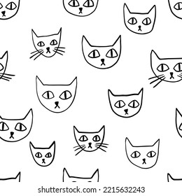 Cute and strange print of cats. Sloppy line. Children's drawing with cats. Pattern of cats' faces. Monochrome line pattern