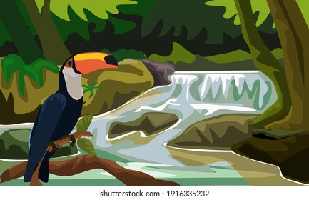 A cute strange toucan with a large beak sitting on a large branch.Behind the toucan is a large beautiful waterfall.Vector illustration.