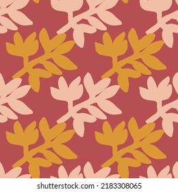 Cute strange tropical leaves seamless pattern. Naive art style. Leaf plants endless wallpaper. Abstract floral background. Modern botanical print. Design for fabric, textile print, wrapping, cover