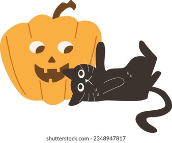 Cute Stratled Halloween Black Cat Witch Interaction Jack-o-lantern Facial Expressions Pumpkin Vector Illustration