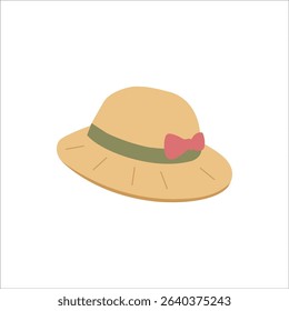 Cute Straw Hat with Bow Illustration Flat Design Vector