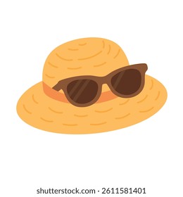 Cute straw hat with dark sunglasses in flat summer doodle style. Fun beach accessory illustration.
