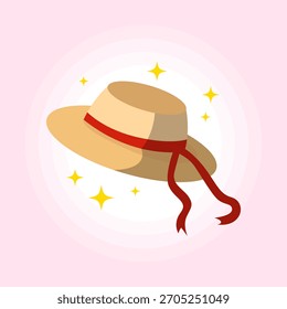 Sombrero lindo de la paja con el Vector del diseño de la ilustración de la muestra del icono de la cinta