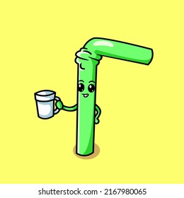 Cute straw mascot cartoon holding a glass vector illustration