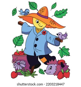 Cute straw scarecrow with hat hedgehog bird apple basket autumn fall season coloring illustration